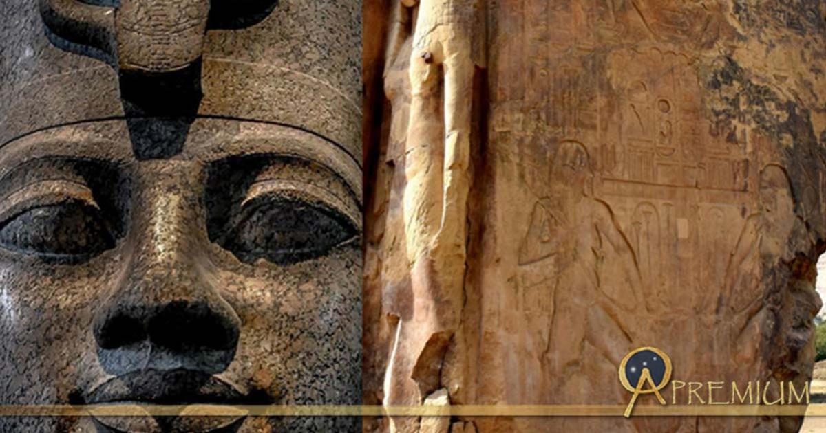 Head from a red granite statue of Amenhotep III wearing the double crown of Upper and Lower Egypt found at Karnak; side panel of one of the Colossi of Memnon shows a relief of Hapy, the Nile god, and a sculpture of Queen Tiye; design by Anand Balaji 