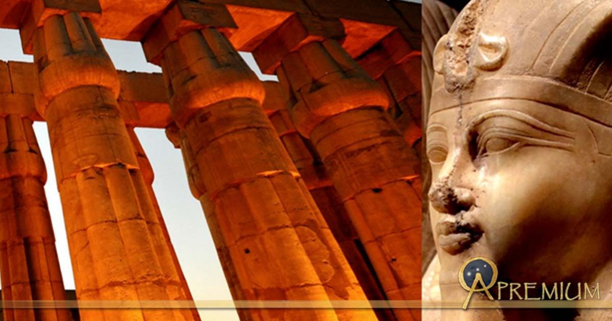 The Great Sun Court of Amenhotep III at Luxor Temple; and detail of a calcite statue shows Amenhotep III with a solar form of the crocodile god Sobek, likely Sobek-Horus; design by Anand Balaji 