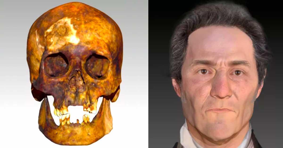 Left 3D scan of JB55's skull with tissue depth markers helped guide the ‘vampire’s’ facial reconstruction. Right- Forensic facial reconstruction of JB55, a Connecticut man suspected of being a vampire. Source: Parabon NanoLabs, Inc