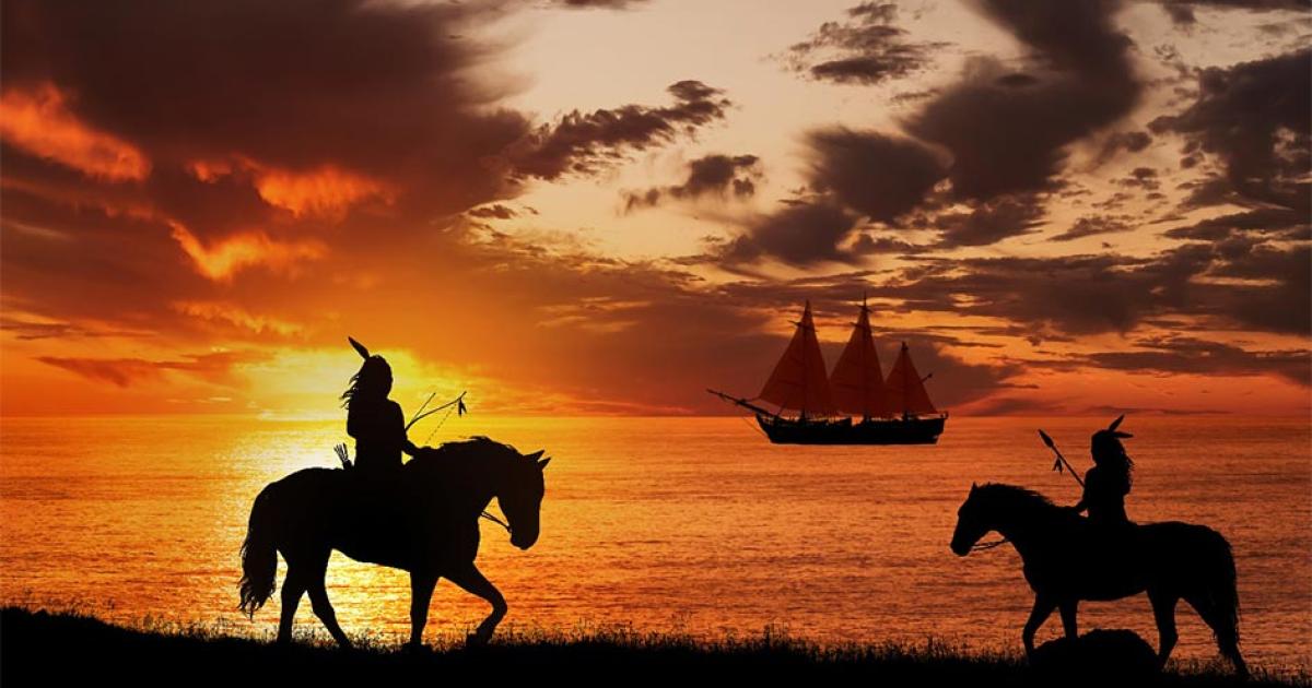 Native Americans see the arrival of an explorer’s ship. 