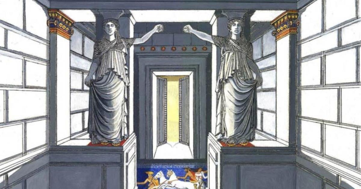 Artistic representation of the caryatids in the Amphipolis tomb.