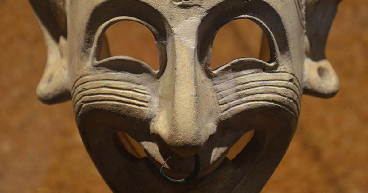 Detail of a Phoenician grinning mask, 4th century BC, found in a grave at San Sperate, Cagliari, Museo Archeologico Nazionale. 