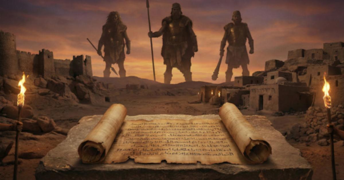 AI impression of ancient Canaan landscape with Nephilim and the papyrus.