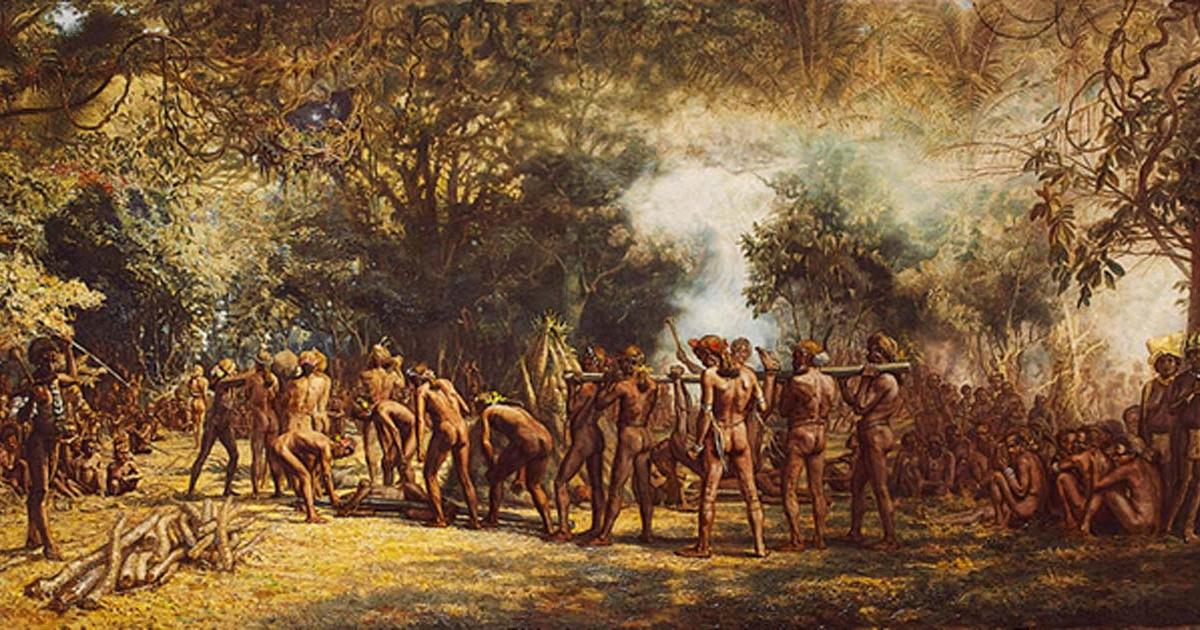 Cannibal feast on the Island of Tanna, New Hebrides by Charles E. Gordon Frazer (1863-1899).