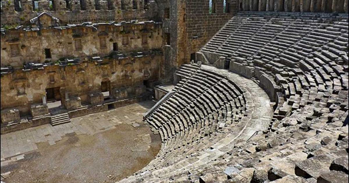 The theatre at Aspendos, Turkey is famous for its magnificent acoustics. Even the slightest sound made at the center of the orchestra can be easily heard as far as the upper most galleries. It is the best preserved and most complete example of a Roman theatre. 