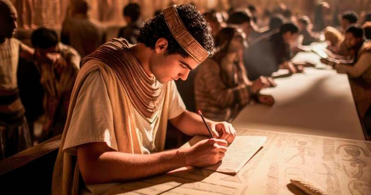 A depiction of the Great Library of Alexandria, a symbol of the intellectual epicenter of the ancient city of Alexandria. Right: Detail of Raphael's (1509–1511) impression of Euclid, teaching students 	Source: Microgen / Adobe Stock 