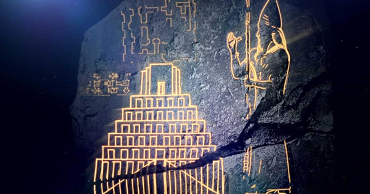 The baked tablet that had been deciphered by Dr George. It is finely carved with a relief showing the king and tower and chiseled with text saying how people were gathered from all over to construct the ziggurat.