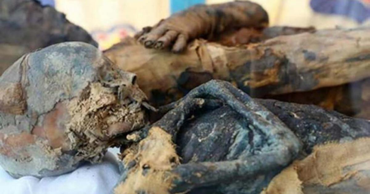 The mummified remains of the woman and boy found in the tomb. Credit: Ministry of Antiquities