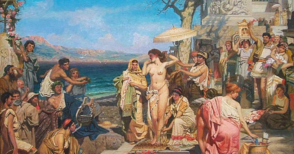 Phryne on the Poseidon's celebration in Eleusis by Nikolay Pavlenko, 1894 