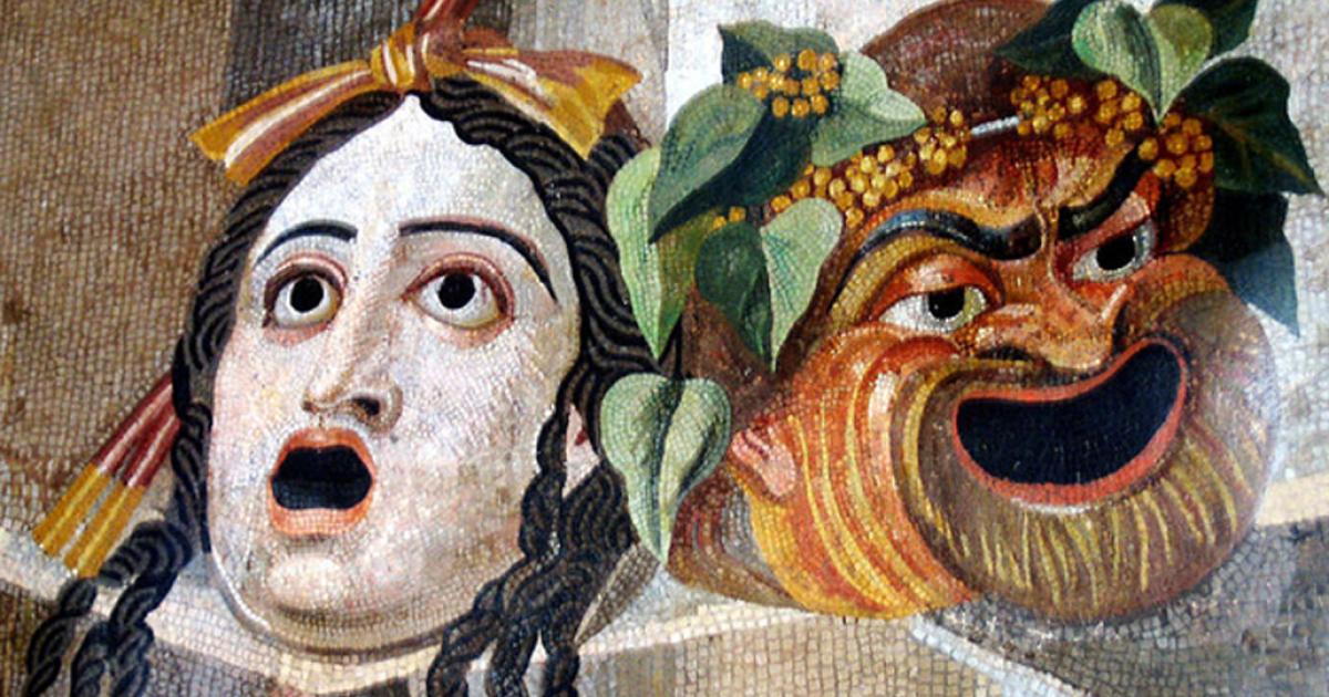 Mosaic, shown Gargoyles in form of Theatrical masks of Tragedy and Comedy. Roman artwork, 2nd century AD.