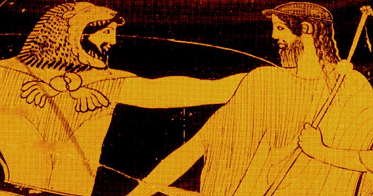 A vase-scene from about 410 BC. Nimrod/Herakles, wearing his fearsome lion skin headdress, spins Noah/Nereus around and looks him straight in the eye. Noah gets the message and grimaces, grasping his scepter, a symbol of his rule - soon to be displaced in the post-Flood world by Nimrod/Herakles, whose visage reveals a stern smirk.