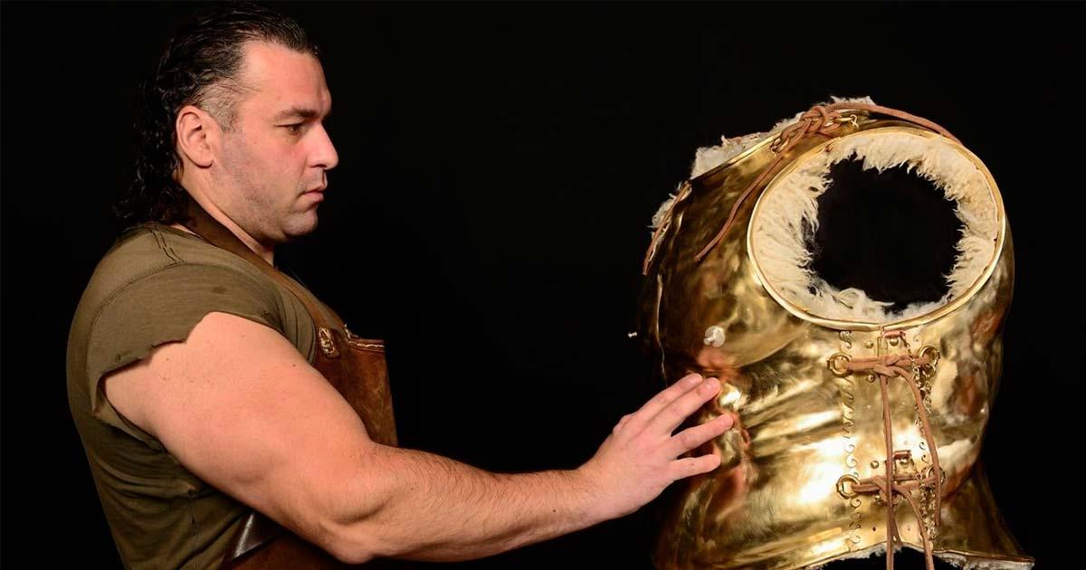 Dimitrios Katsikis pictured with one of his Greek armor creations. Credit: Dimitrios Karvountzis / Dimitrios Katsikis / Hellenic Armors.