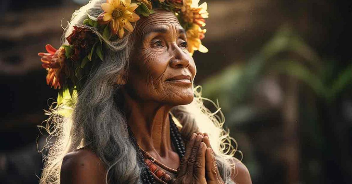 Woman adorned with a lei engages in the Hooponopono practice, traditional Hawaiian method of finding peace and forgiveness. Source: irissca/Adobe/Stock