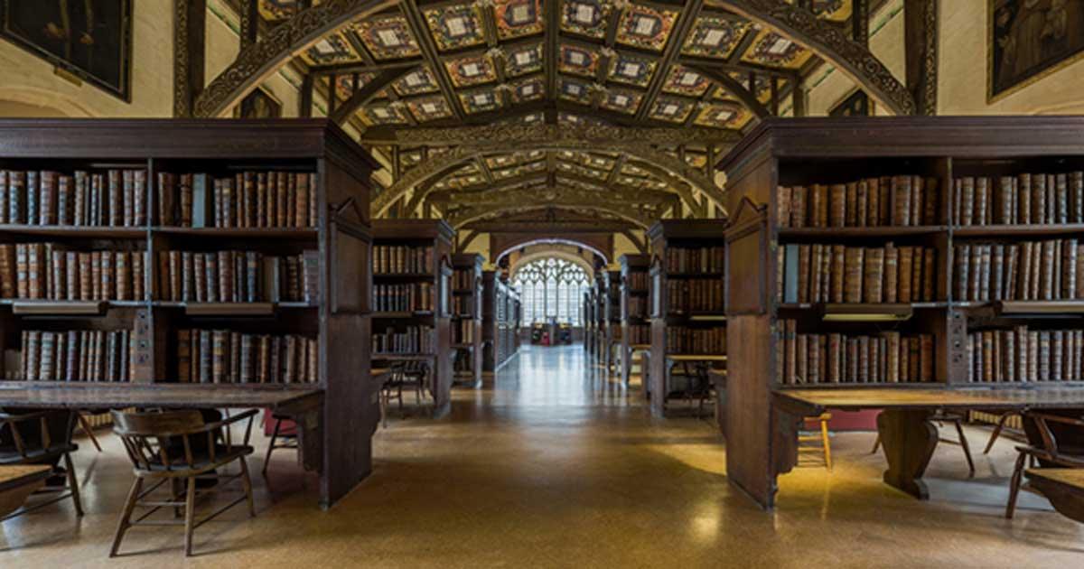 The interior of Duke Humphrey's Library, the oldest reading room of the Bodleian Library in the University of Oxford.