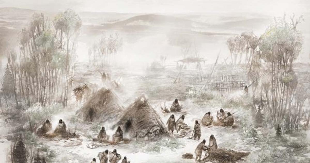 A scientific illustration of what the Upward Sun River camp, where the remains of the ancient child were discovered, would have looked like. Source: Eric Carlson in collaboration with Ben Potter.