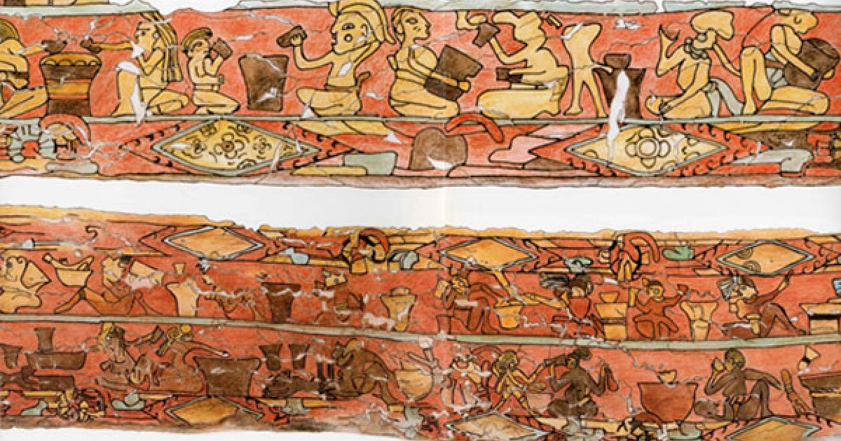 Ancient Mexican mural depicting drunken 