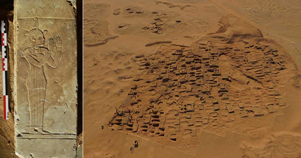 The funerary chapel surround, depicting the goddess Maat. Image:© Vincent Francigny / Sedeinga archaeological mission/ CNRS. Right: Aerial view at Nubian pyramids Meroe 
