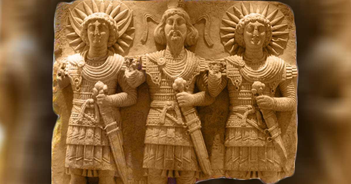 Palmyrean triad: Baalshamin, master of the skies, the Moon-god Aglibol and the Sun-god Malakbel (Yarhibol). Cultual relief, limestone, first half of the 1st century AD, found in one of the routes to Palmyra. The stele bears religious inscriptions carved by passers-by.