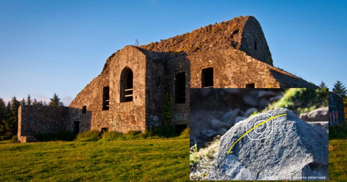 Hell Fire Club, Dublin (CC by SA 3.0 / Joe King). Inset: The newly discovered megalithic stone with symbol.