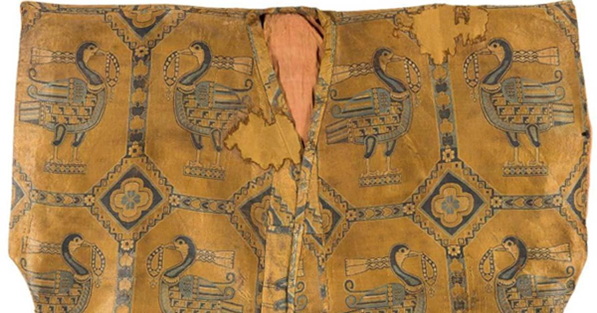 A detail from a silk samite shirt made by the nomadic Sogdian people of central Asia.