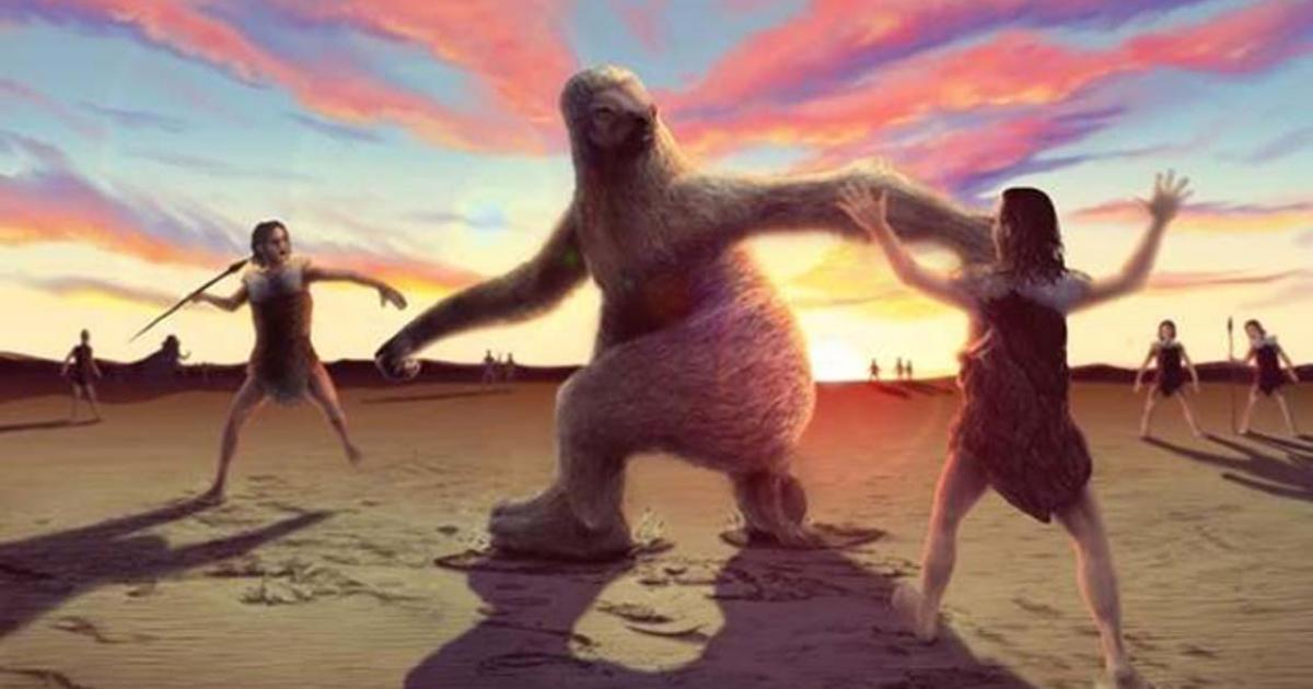 Artists impression of a giant sloth being confronted by human hunters. Credit: Alex McClelland, Bournemouth University