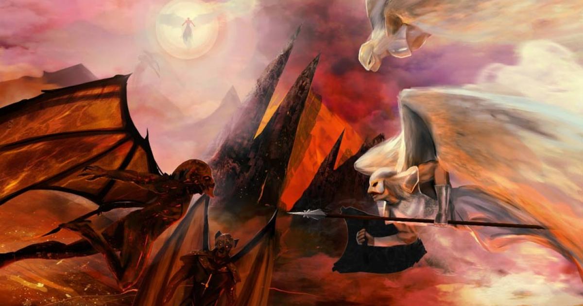 Angels and demons battle in the sky