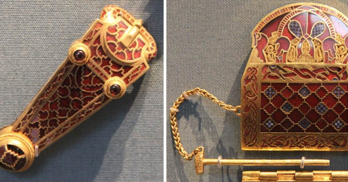 Top image: Left; Anglo-Saxon Sword Belt End Ornament, Right; Anglo-Saxon Shoulder Clasp, both from Sutton Hoo Burial, 625-630