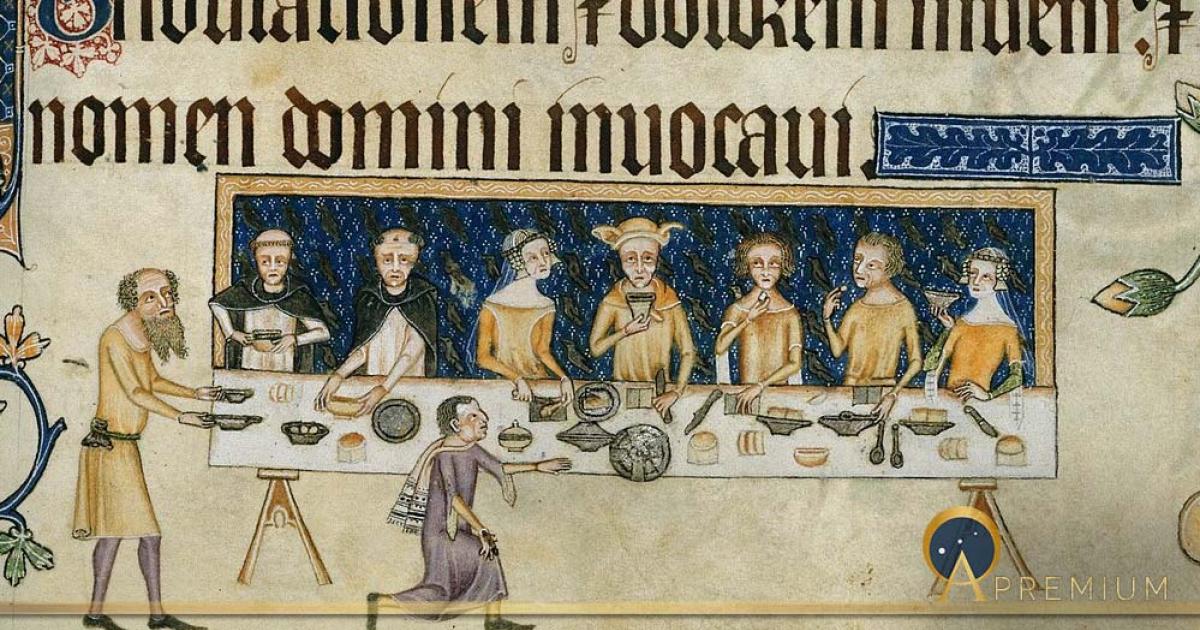 Sir Geoffrey Luttrell and his wife, Agnes Sutton entertaining. On the table are knives, spoons, dishes, and plates or trenchers of bread. (CC0)
