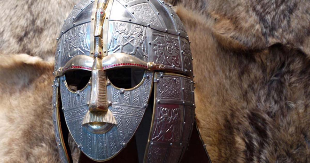Anglo Saxon Helmet, Sutton Hoo, Suffolk. A reproduction of the helmet rebuilt from the fragments found in mound 1 in 1949. 