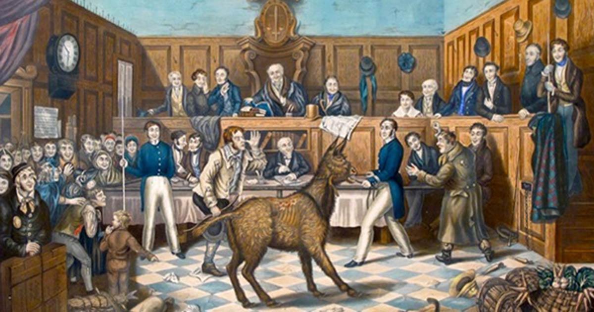 The animal trials were common in the Middle Ages. (The Trail of Bill Burns by P. Mathews, 1838)  Source: דוג'רית / Public Domain