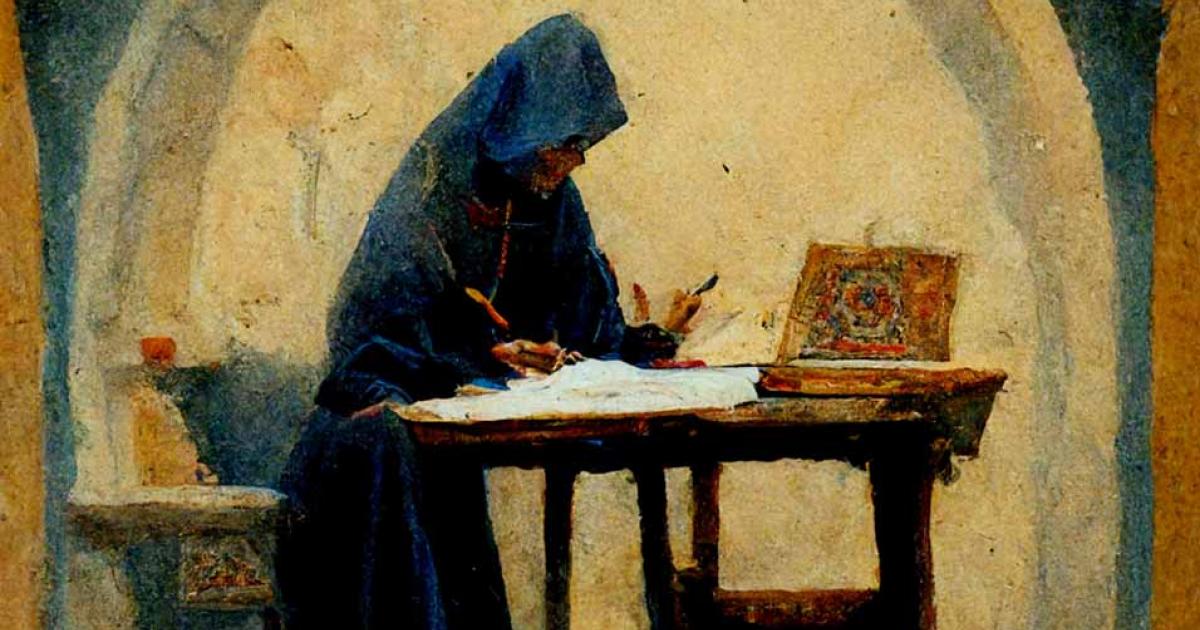 Pastel style drawing of Anna Komnene writing the Alexiad in the monastery of the Virgin Mary Full of Grace.	Source: Midjourney AI / Public Domain