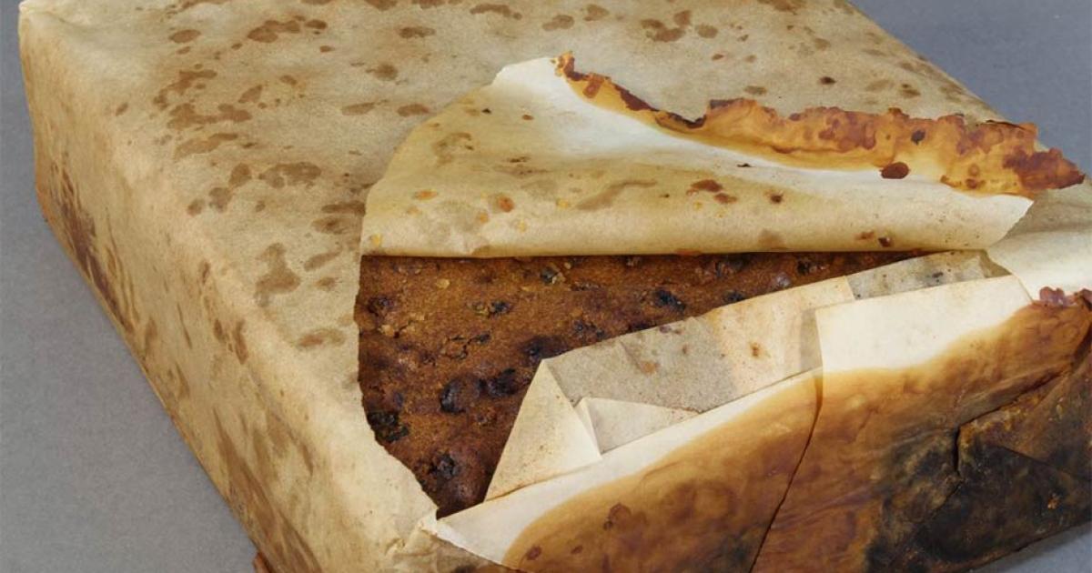 Found amongst almost 1,500 artifacts conserved from a group of buildings at Cape Adare, this Antarctic fruitcake made by Huntley & Palmers was discovered wrapped in paper within the rusted remains of its original tin. It was probably left behind by Scott’s Terra Nova expedition. Source: Antarctic Heritage Trust