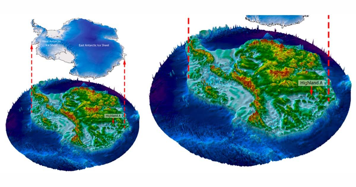 Graphic shows how the landscape of Antarctica would appear if the ice were lifted away. Source: Stewart Jamieson/Durham University 