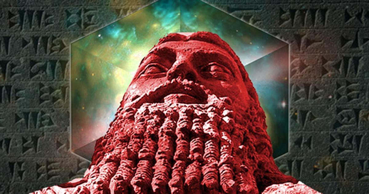 Ordered universe and cuneiform (Public Domain) and statue of Gilgamesh.
