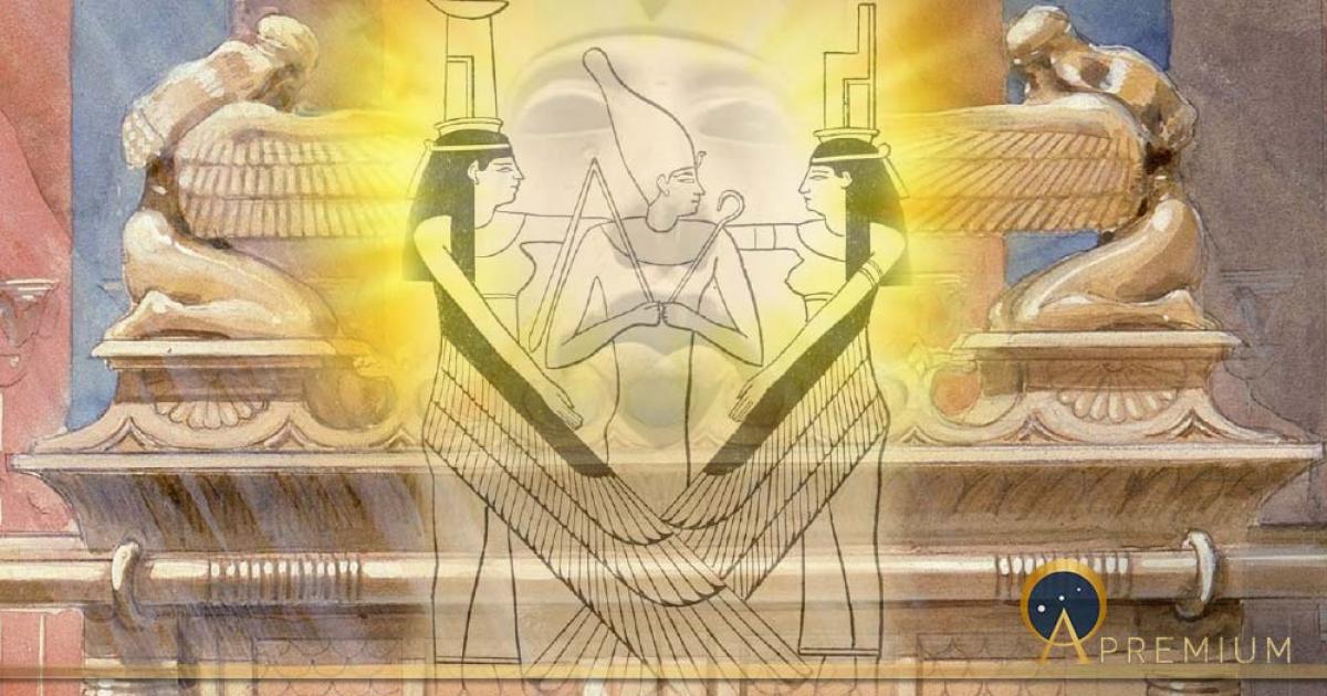 Composite image of Osiris and his protective sisters Isis and Nephthys, overlain by Akhenaten’s face, all overlying the Ark and the winged cherubim, from Moses and Joshua Bowing before the Ark, gouache on board, by James Tissot, 1896-1902. Now in    the Jewish Museum, New York. Author created.