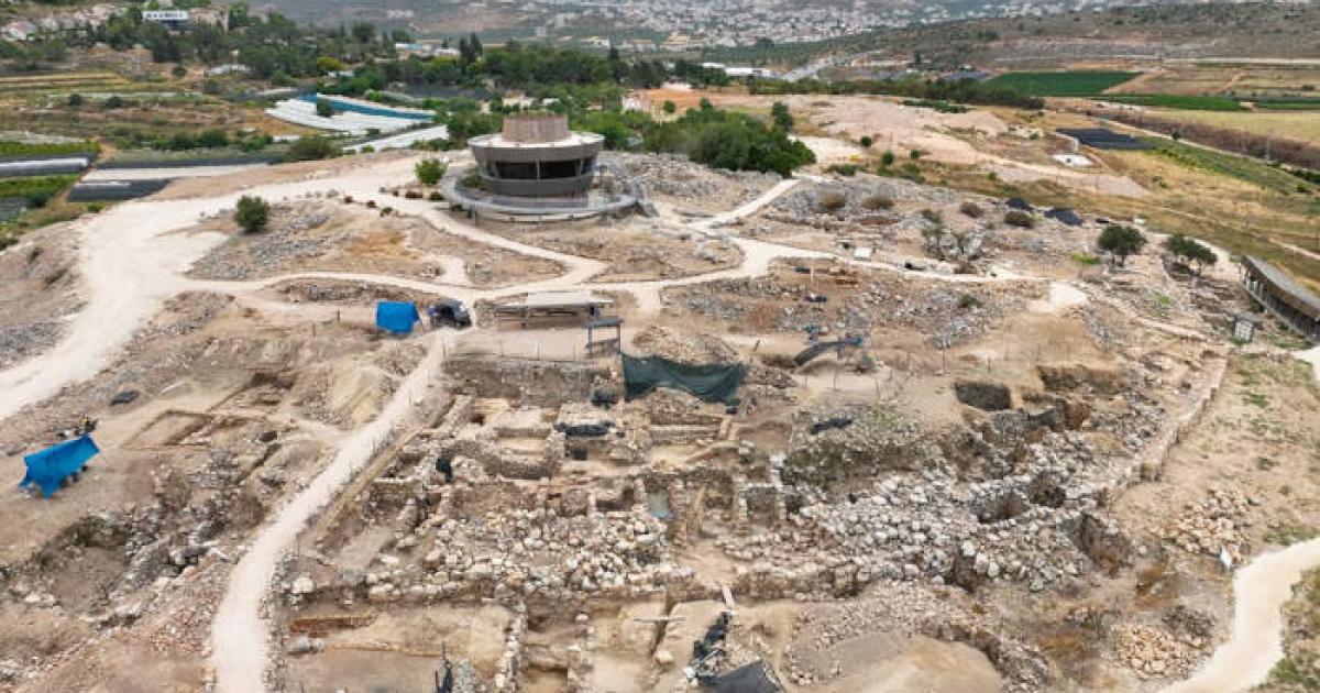 Archaeological excavation at ancient Shiloh showing ongoing dig work at the biblical site where the Tabernacle and Ark of the Covenant is thought to have once stood. 
