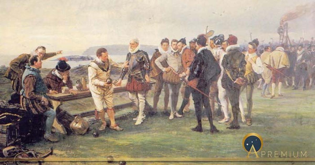 The scene on the Plymouth Hoe when captains play bowls as the Spanish Armada comes into view by John Seymour Lucas (1880) (Public Domain)
