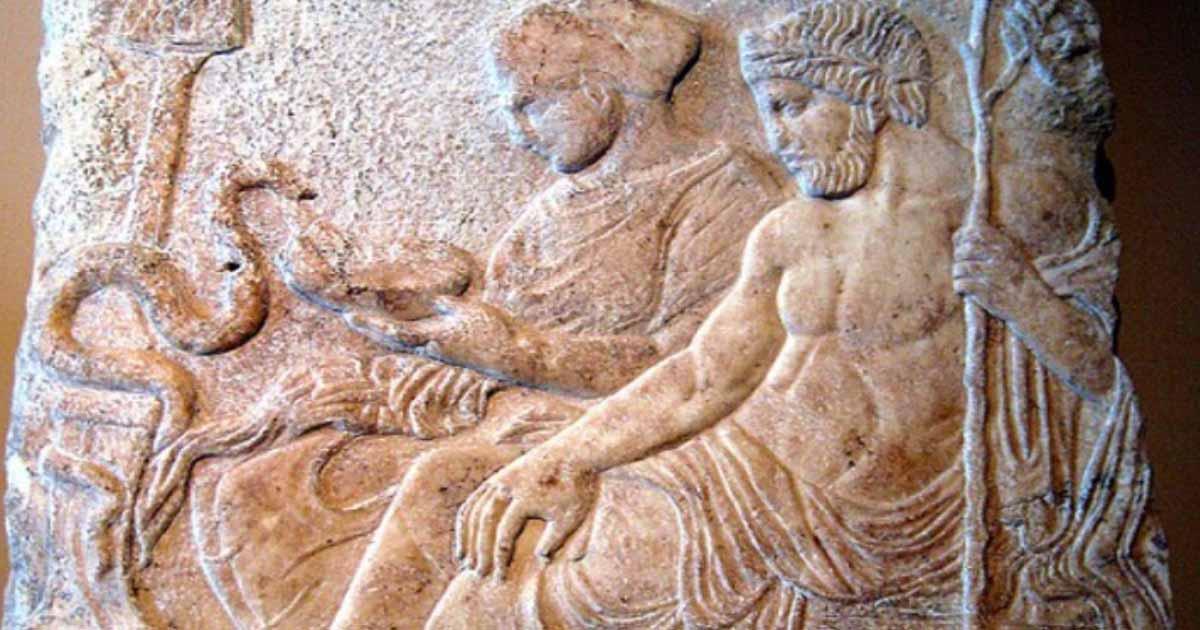 Marble relief of Asclepius and his daughter Hygieia. From Therme, Greece, end of the 5th century BC. Istanbul Archaeological Museums.                    Source:  Prioryman/CC BY-SA 3.0