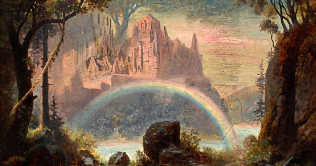 Depiction of Valhalla, where Odin held court at Asgard, from the 1878 staging by Hermann Burghart of Das Rheingold by Richard Wagner. (Public domain)