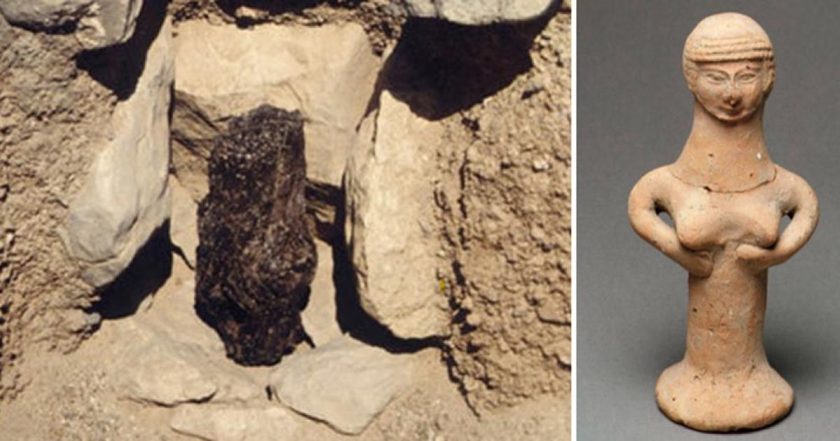 Left: This juniper tree trunk, found in a pre-Biblical grave in Eilat, Israel is the earliest Asherah idol discovered so far in the Near East. Right: Israelite ceramic figure of a nude woman, identified as an Asherah idol pillar.	Source: Left: Uzi Avner / Researchgate ; Right: The Met