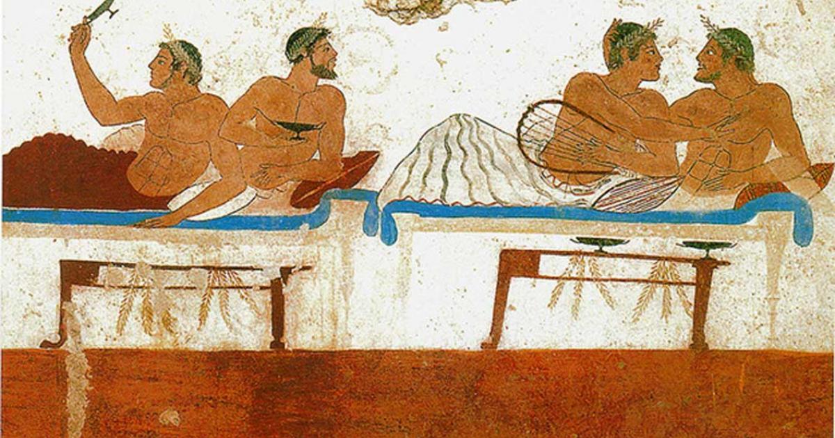 Detail of a Fresco from the North wall of the Tomb of the Diver in Paestum, Italy depicting Pederastic couples at a symposium.