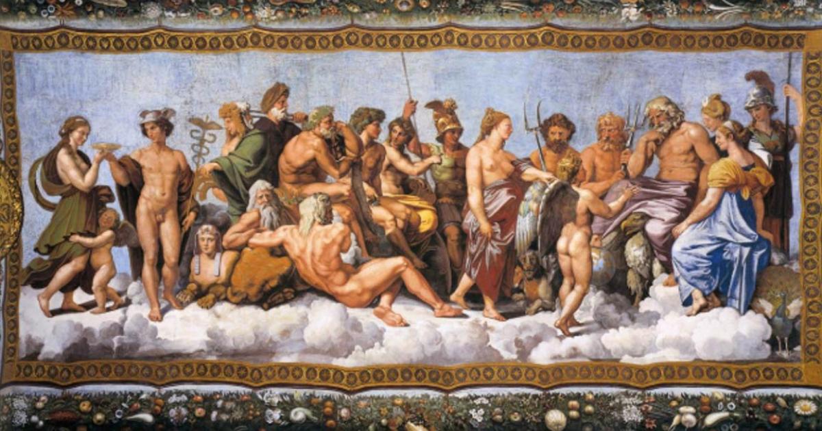 Assembly of twenty gods, predominantly the Twelve Olympians, as they receive Psyche (Loggia di Psiche, 1518–19, by Raphael and his school, at the Villa Farnesina). 