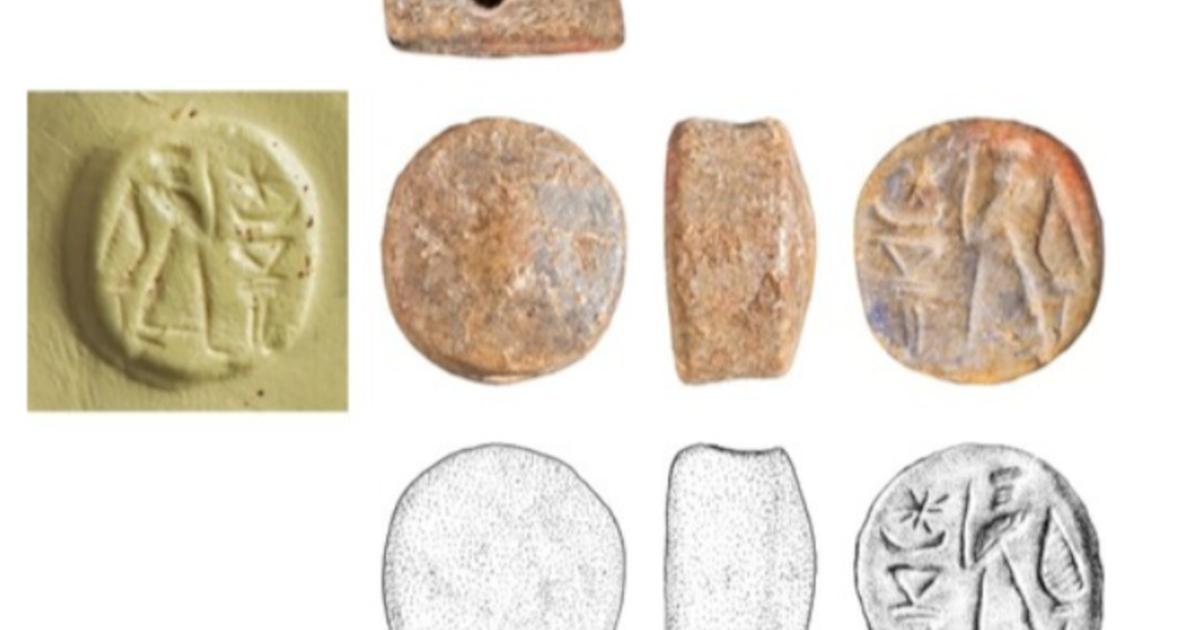 The Assyro-Levantine limestone stamp seal discovered at Tel Yavne, shown with photographs, seal impression, archaeological drawings, and cross-sections