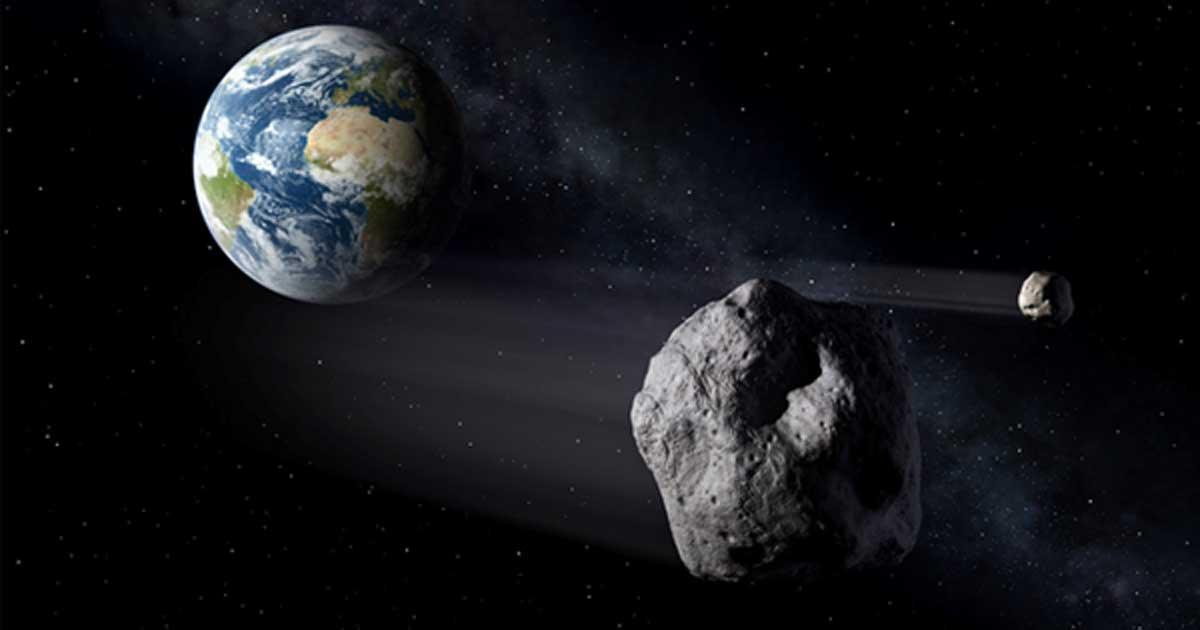 An illustration of a near-Earth object, or NEO, passing by Earth.