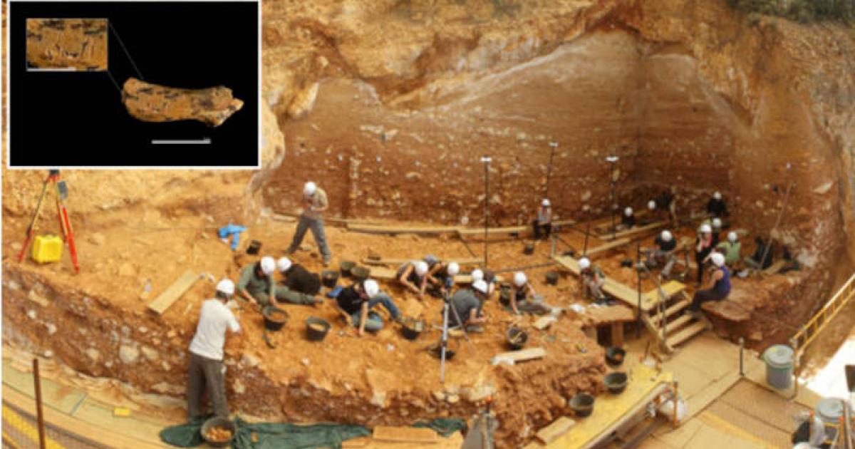 Gran Dolina archaeological site at Atapuerca, Spain, with inset child vertibra bone.