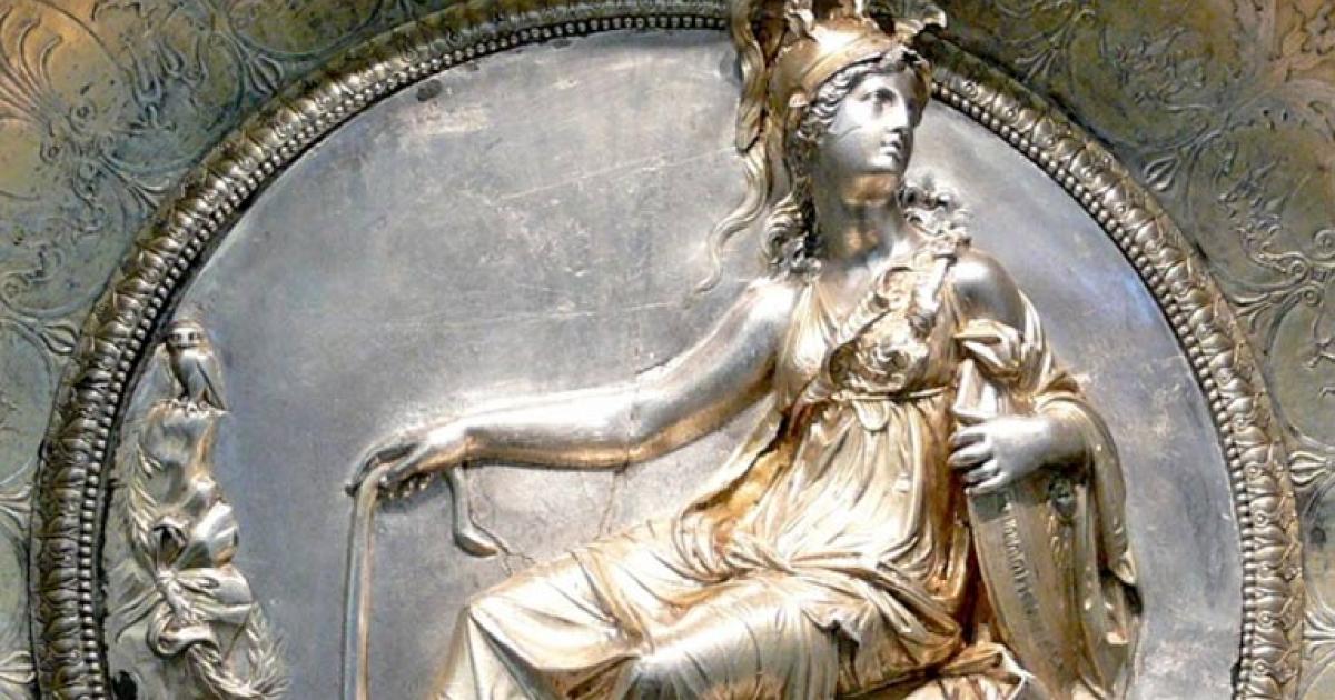 Detail of a bowl from the Hildesheim Silver Treasure featuring a seated Athena, 1st century BC.