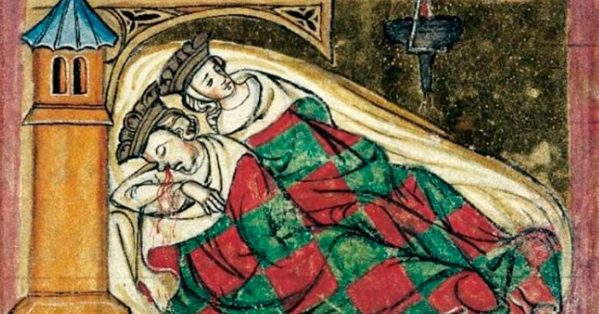 The Death of King Attila the Hun in 453 from an illuminated manuscript within the Saxon World Chronicle (close up). Source: Public domain