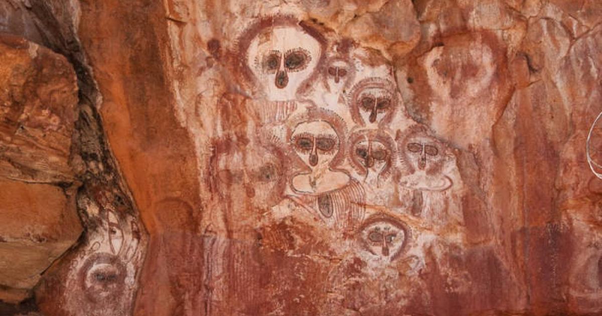 Wandjina rock art on the Barnett River, Mount Elizabeth Station, Australia.