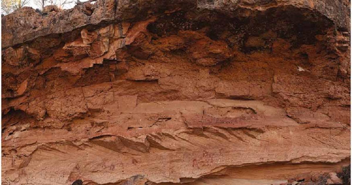 The central portion of the Australian rock shelter art at Marra Wonga, Queensland,  with an extensive wall of petroglyphs and stencils.