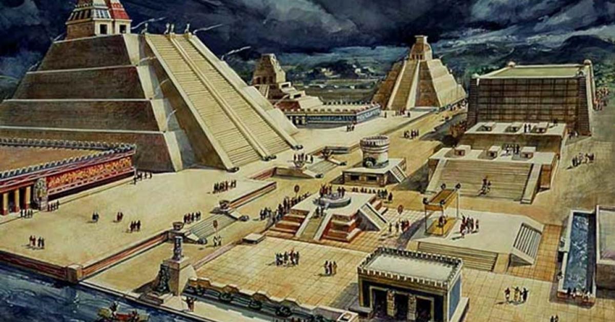 Drawing of what part of Tenochtitlan city (now Mexico City), location of the temple and ball court, may have looked like, based on the Spanish chronicles.